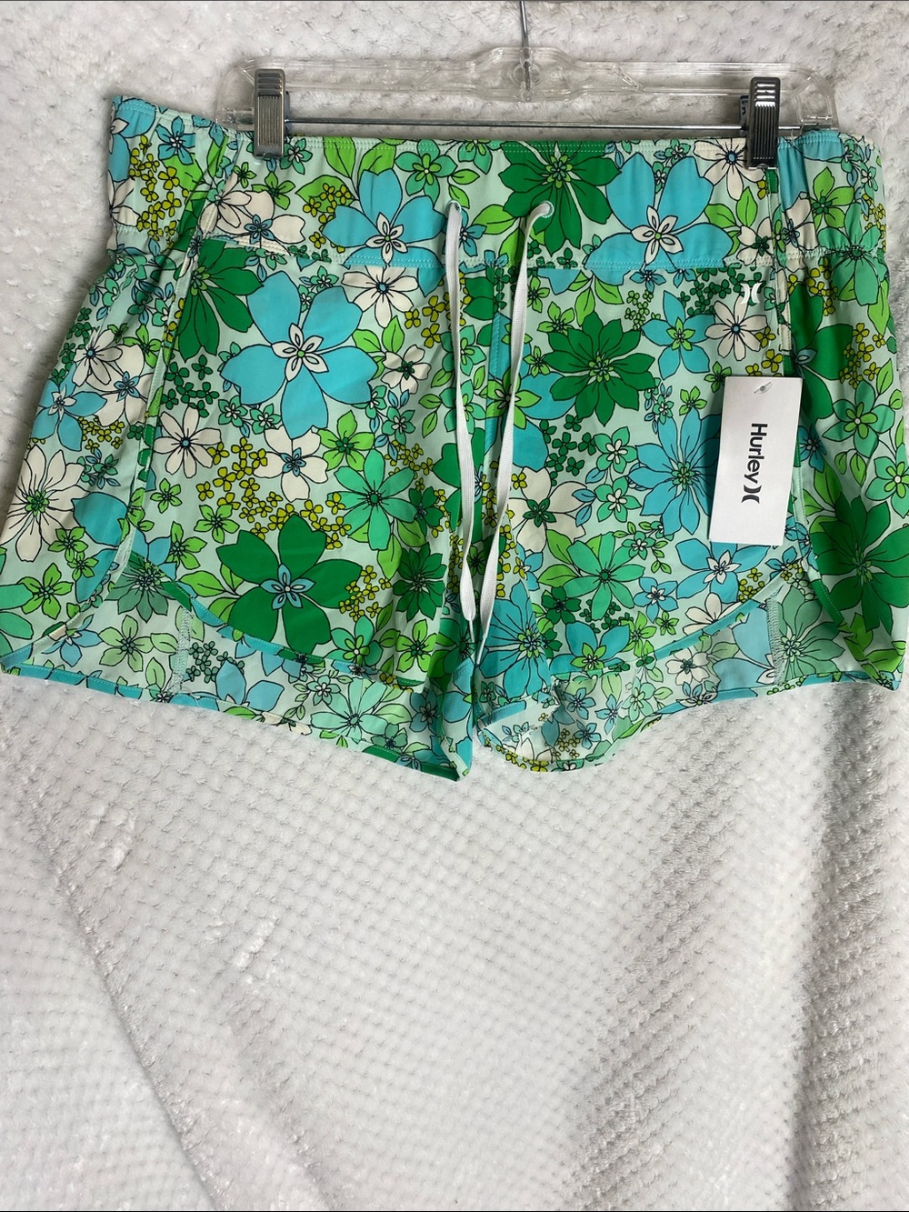 Hurley Women's Aqua and Green Floral Drawstring Athletic Board Shorts
